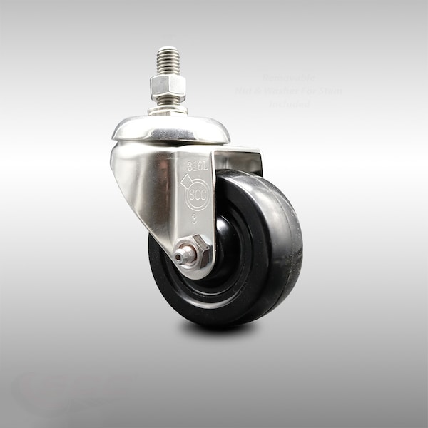 3 Inch 316SS Hard Rubber Wheel Swivel 1/2 Inch Threaded Stem Caster